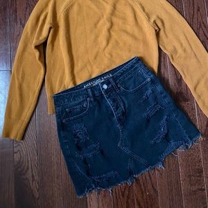 Black Denim Distressed Skirt